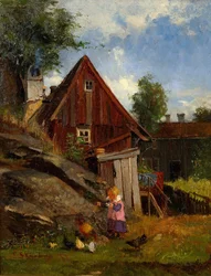 Mädchen füttert Hühner